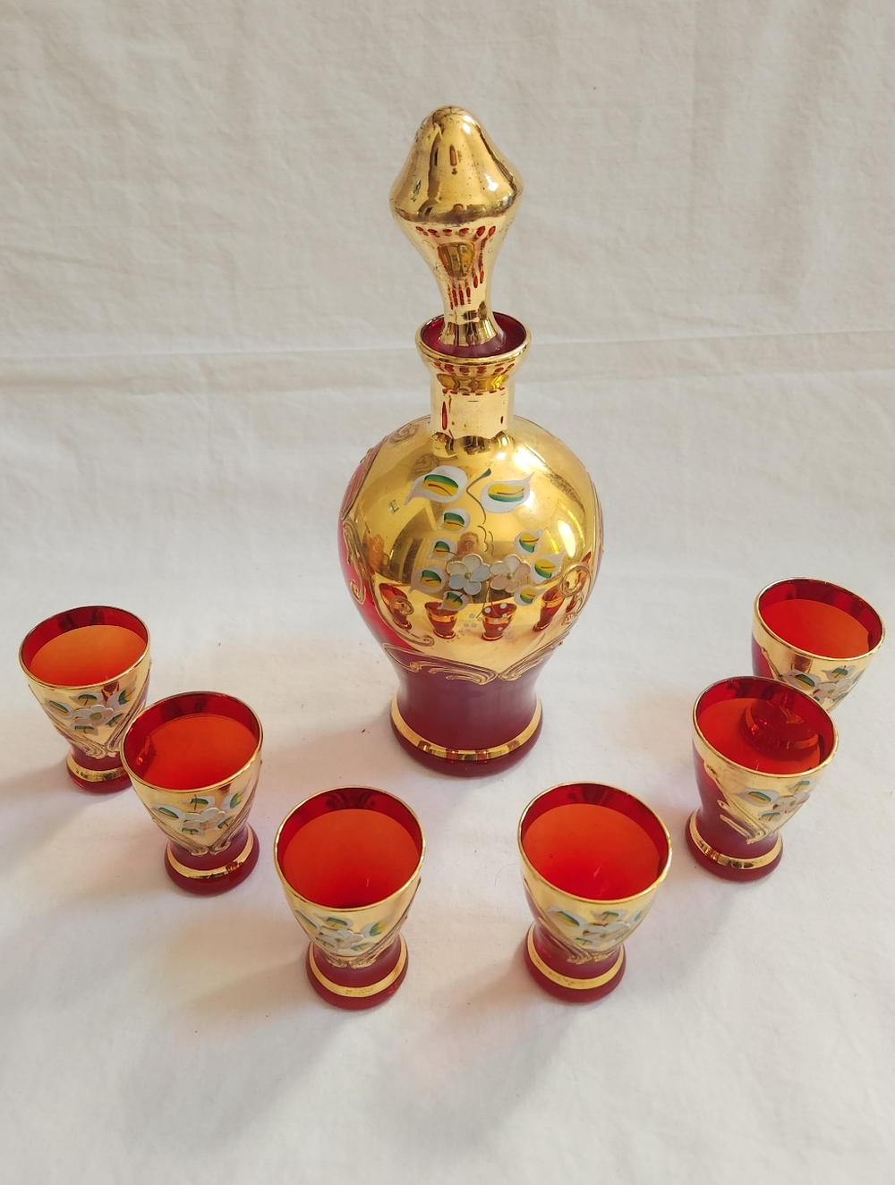Red and Gold Liqueur Decanter Set with 6 Glasses